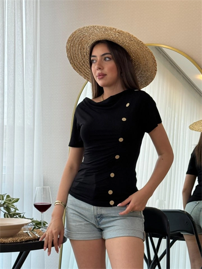 Kadın Kısa Kollu Degaje Yaka Düğme Detay Viskon Bluz