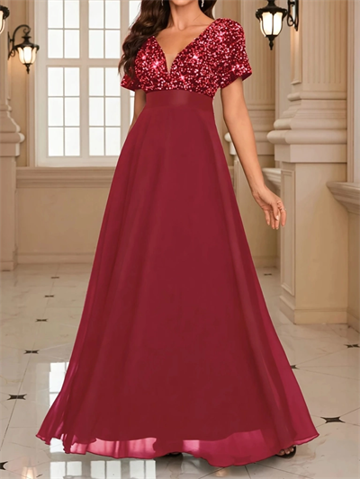 Kadın Kısa Kollu Derin V Yakalı A Kesim Pulpayet Detaylı şifon Nedime Elbisesi