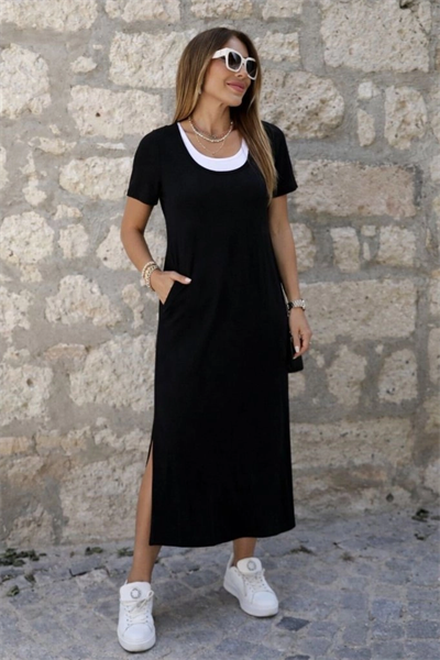 Kadın Kısa Kollu Içi Atlet Görünümlü Yandan Yırtmaçlı Uzun Viskon Elbise