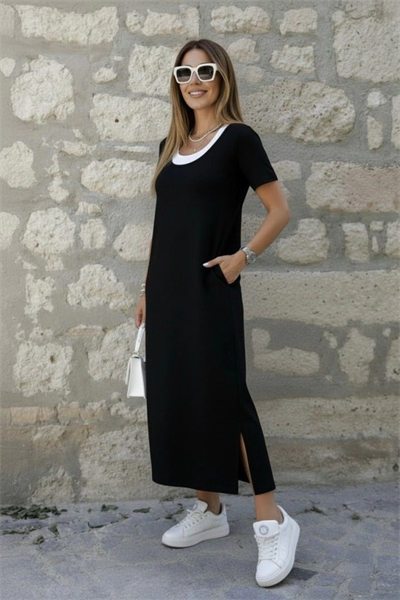 Kadın Kısa Kollu Içi Atlet Görünümlü Yandan Yırtmaçlı Uzun Viskon Elbise