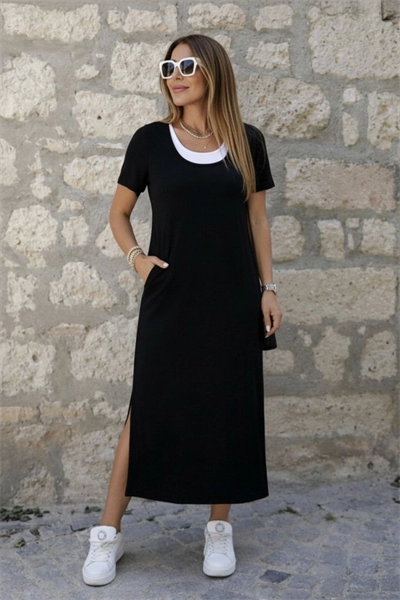 Kadın Kısa Kollu Içi Atlet Görünümlü Yandan Yırtmaçlı Uzun Viskon Elbise