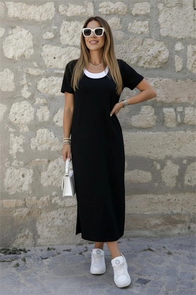 Kadın Kısa Kollu Içi Atlet Görünümlü Yandan Yırtmaçlı Uzun Viskon Elbise