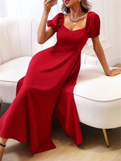 Kadın Kısa Kollu Kare Yakalı Yırtmaçlı Midi Janjan Krep Elbise