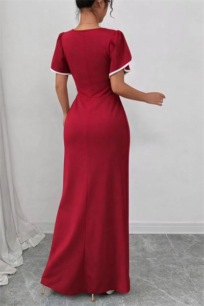 Kadın Kısa Kollu Kare Yakalı önden çapraz Kesim Detaylı Krep Elbise