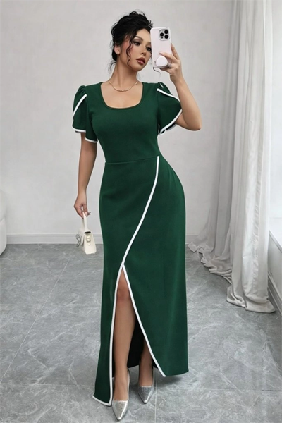 Kadın Kısa Kollu Kare Yakalı önden çapraz Kesim Detaylı Krep Elbise