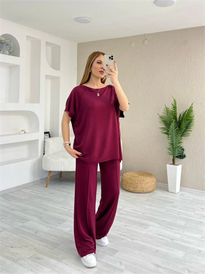 Kadın Kısa Kollu Kayık Yakalı Dikiş Izi Detaylı Viskon Iki Iplik Bluz Ve Pantolon Ikili Takım