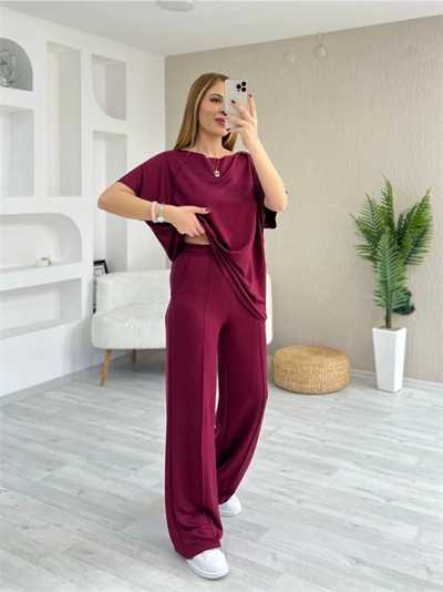 Kadın Kısa Kollu Kayık Yakalı Dikiş Izi Detaylı Viskon Iki Iplik Bluz Ve Pantolon Ikili Takım