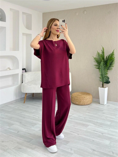 Kadın Kısa Kollu Kayık Yakalı Dikiş Izi Detaylı Viskon Iki Iplik Bluz Ve Pantolon Ikili Takım