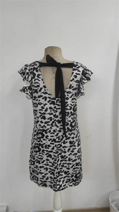 Kadın Kısa Kollu Kolları Fırfır Detay Arkası Bağlamalı Leopar Desen Kolsuz Mini Mikro Elbise