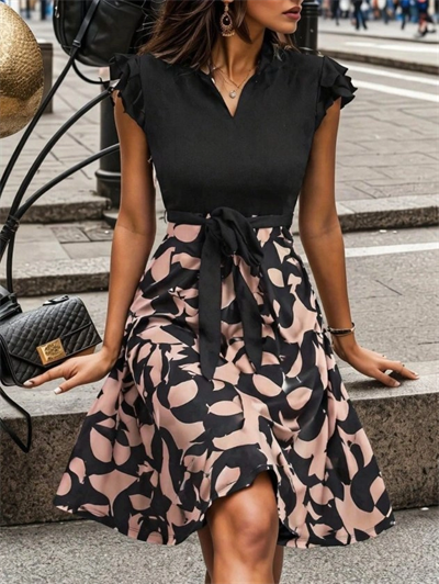 Kadın Kısa Kollu Kolu Fırfır Detay Mini Kuşaklı Kloş Krep Elbise