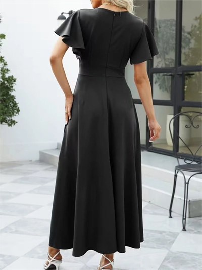 Kadın Kısa Kollu Kruvaze Yakalı ön Asimetrik Volanlı Uzun Ithal Krep Elbise