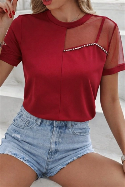 Kadın Kısa Kollu Tül Detaylı Taşlı Janjan Krep Bluz