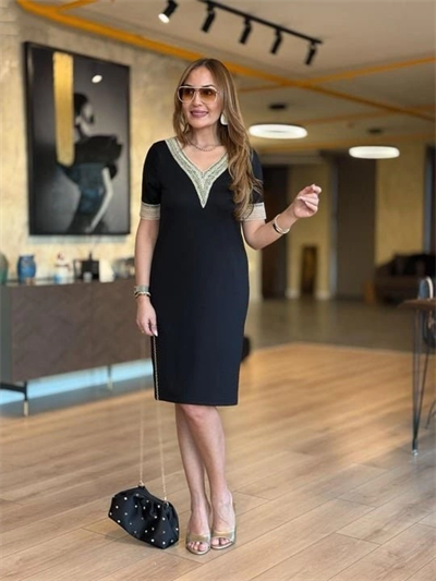 Kadın Kısa Kollu V Dantel Yaka Viskon Iki Iplik Elbise