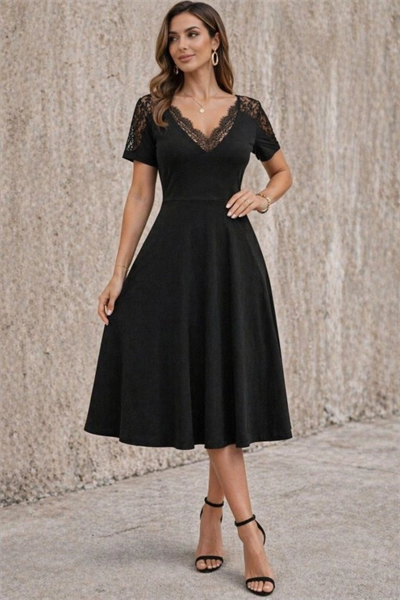 Kadın Kısa Kollu V Dantel Yakalı Midi Viskon Elbise