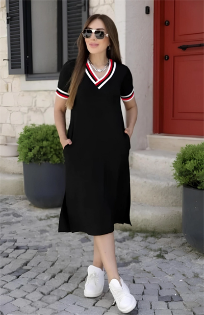 Kadın Kısa Kollu V Yaka Ribana Detay Midiboy Viskon Elbise