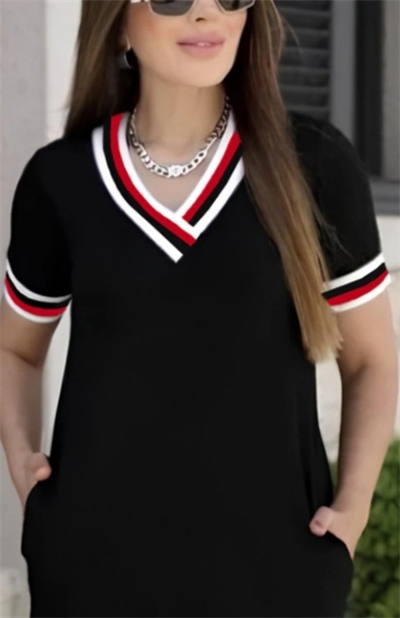 Kadın Kısa Kollu V Yaka Ribana Detay Midiboy Viskon Elbise