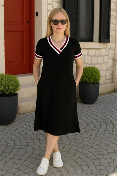 Kadın Kısa Kollu V Yaka Ribana Detay Midiboy Viskon Elbise