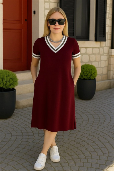 Kadın Kısa Kollu V Yaka Ve Yaka Ribana Detay Midiboy Viskon Elbise