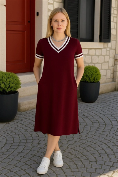 Kadın Kısa Kollu V Yaka Ve Yaka Ribana Detay Midiboy Viskon Elbise