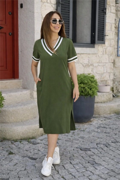 Kadın Kısa Kollu V Yaka Ve Yaka Ribana Detay Midiboy Viskon Elbise