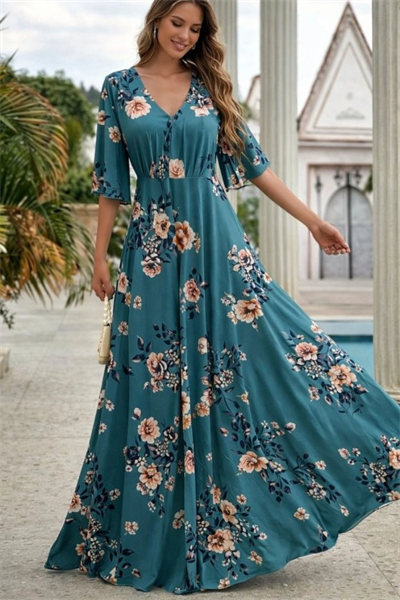 Kadın Kısa Kollu V Yakalı Desenli Süprem Elbise