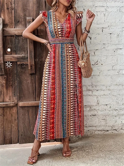 Kadın Kısa Kollu V Yakalı Desenli Yandan Yırtmaçlı Süprem Elbise