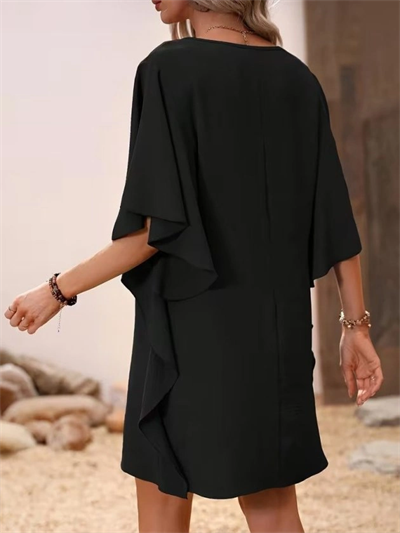 Kadın Kısa Kollu V Yakalı Yanları Volanlı Kısa Ithal Krep Elbise