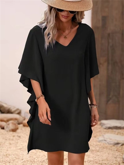 Kadın Kısa Kollu V Yakalı Yanları Volanlı Kısa Ithal Krep Elbise