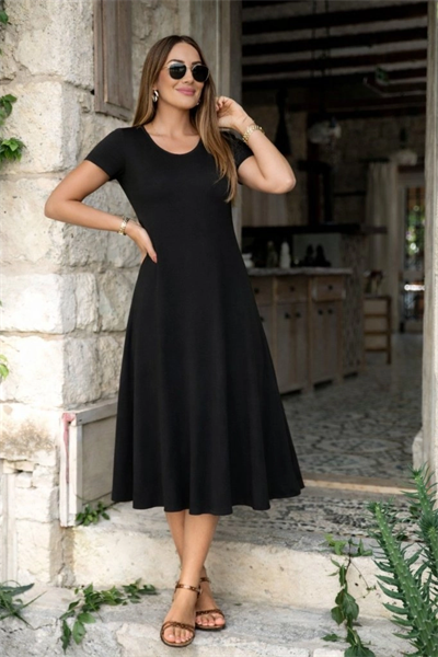 Kadın Kısa Kollu V Yakalı Yırtmaçlı Midi Viskon Elbise