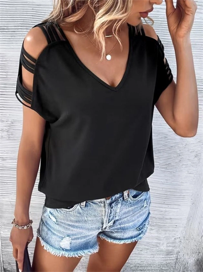 Kadın Kısa Kollu V Yakalı şerit Detaylı Viskon Bluz