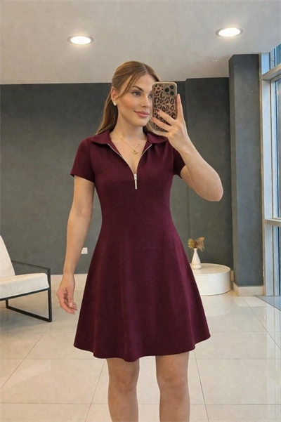 Kadın Kısa Kollu Yakası Fermuarlı Kısa Viskon Iki Iplik Elbise