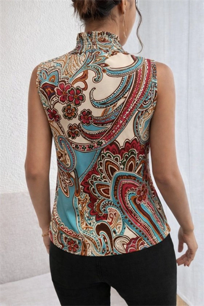 Kadın Kolsuz Balıkçı Yaka Desenli Süprem Bluz