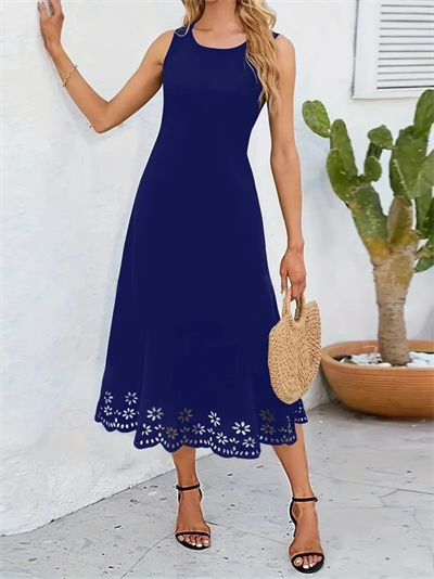 Kadın Kolsuz Etek Ucu Lazer Kesim çiçek Desenli Midi Boy Ithal Krep Elbise