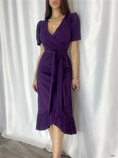 Kadın Kruvaze Yaka Midi Boy Kuşaklı Krep Elbise 120 Cm