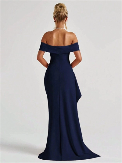 Kadın Madonna Yaka Pileli Derin Yırtmaçlı Uzun Ithal Krep Elbise