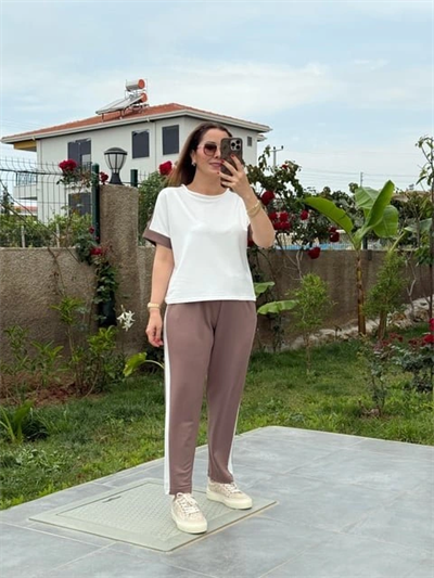 Kadın Modal Dokulu Kumaş Yanı şeritli Takım