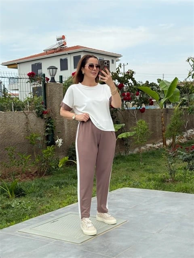 Kadın Modal Dokulu Kumaş Yanı şeritli Takım