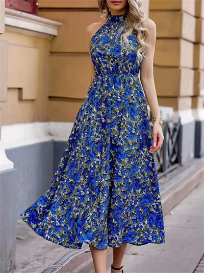 Kadın Omuz Dekolteli Halter Yaka Desenli Maxi Süprem Elbise