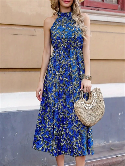 Kadın Omuz Dekolteli Halter Yaka Desenli Maxi Süprem Elbise