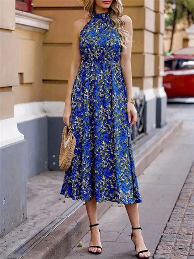 Kadın Omuz Dekolteli Halter Yaka Desenli Maxi Süprem Elbise