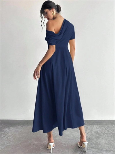 Kadın Omuzdan Açık Kısa Kollu Omuzdan Pileli Uzun Janjan Krep Elbise