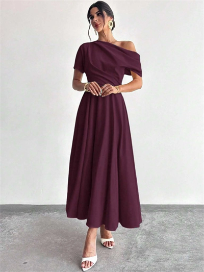 Kadın Omuzdan Açık Kısa Kollu Omuzdan Pileli Uzun Janjan Krep Elbise