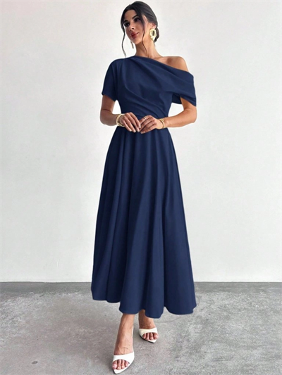 Kadın Omuzdan Açık Kısa Kollu Omuzdan Pileli Uzun Janjan Krep Elbise