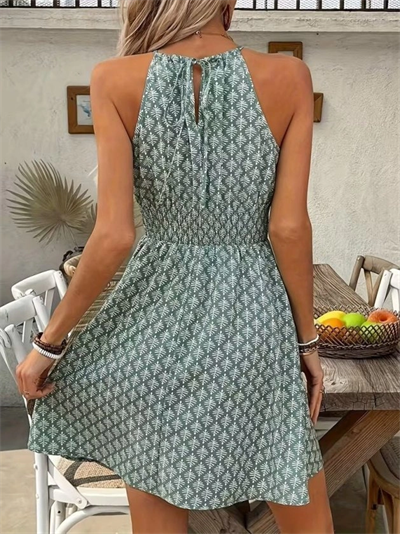 Kadın Omuzlardan Açık Boyun Arkasından Bağcıklı Beli Lastikli Kısa Süprem Elbise