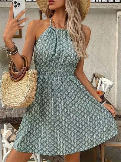 Kadın Omuzlardan Açık Boyun Arkasından Bağcıklı Beli Lastikli Kısa Süprem Elbise