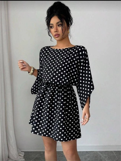 Kadın Puantiyeli örme Krep Mini Elbise (kemersiz)