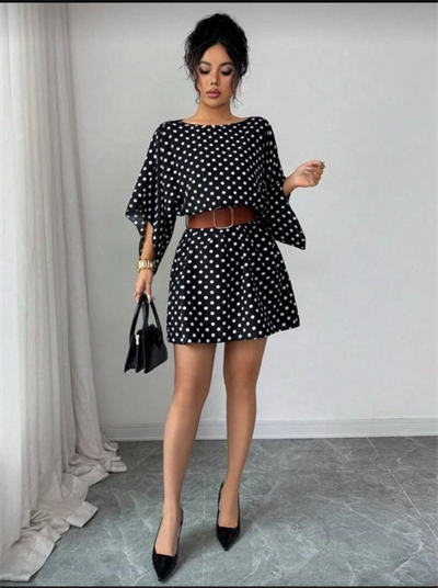 Kadın Puantiyeli örme Krep Mini Elbise (kemersiz)