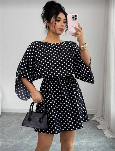 Kadın Puantiyeli örme Krep Mini Elbise (kemersiz)