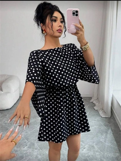 Kadın Puantiyeli örme Krep Mini Elbise (kemersiz)