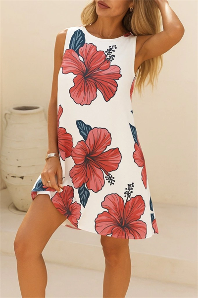 Kadın Sıfır Kol Sırttan Bağlamalı Fırfırlı çiçek Desenli Süprem Elbise